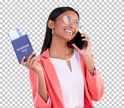 Happy woman, phone call and passport or ticket for travel, flight or USA documents against blue studio background. Female business traveler smile for international boarding pass talking on smartphone