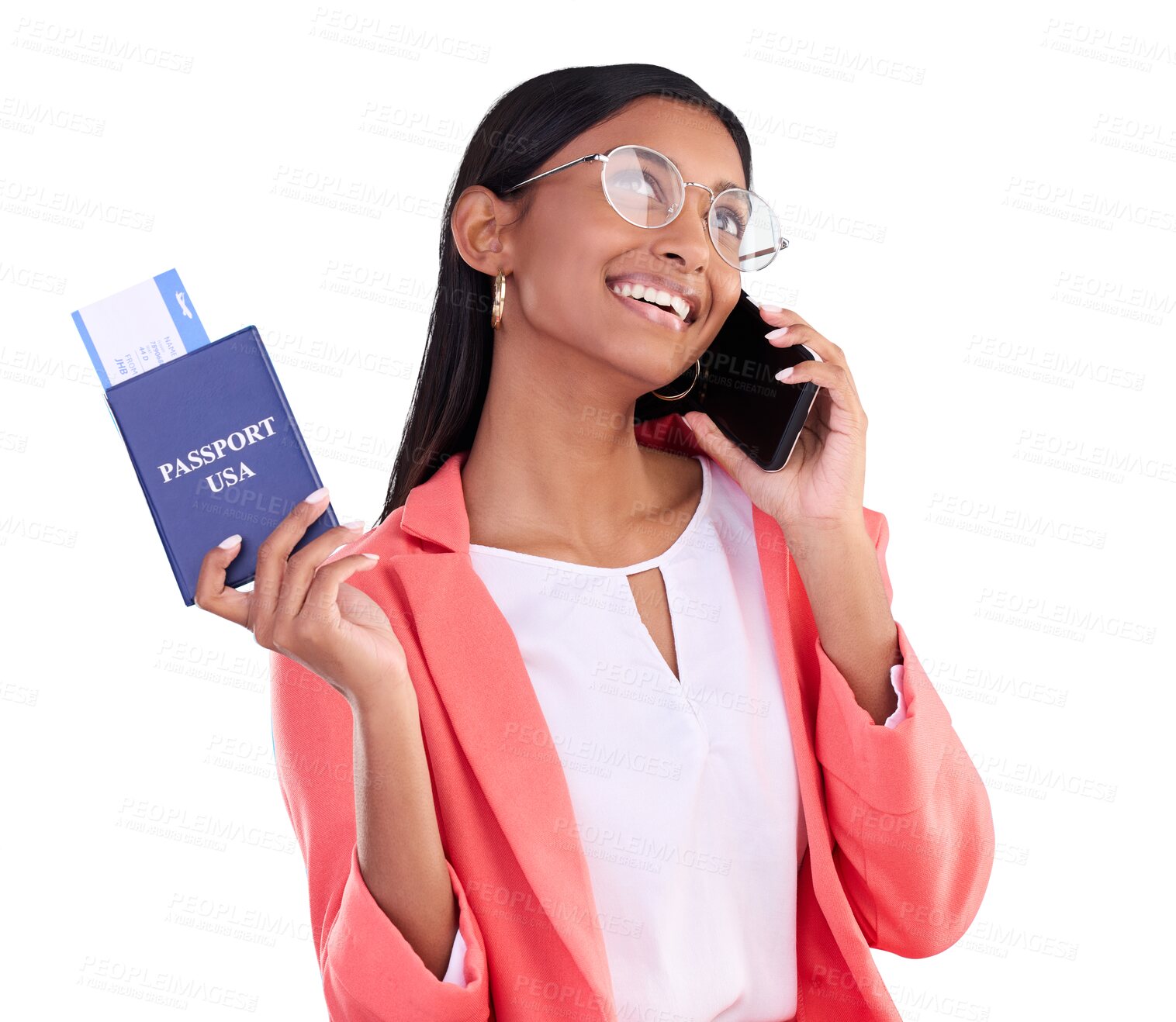 Buy stock photo Woman, phone call and thinking of passport with travel communication and USA ticket booking. Business person on mobile with identity document and flight ticket isolated on transparent, png background