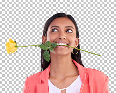 Buy stock photo Thinking, rose and valentines day with a woman, love and romance isolated on a transparent background. Person, girl and model with a flower, romantic and plant in her mouth with png, idea and fantasy