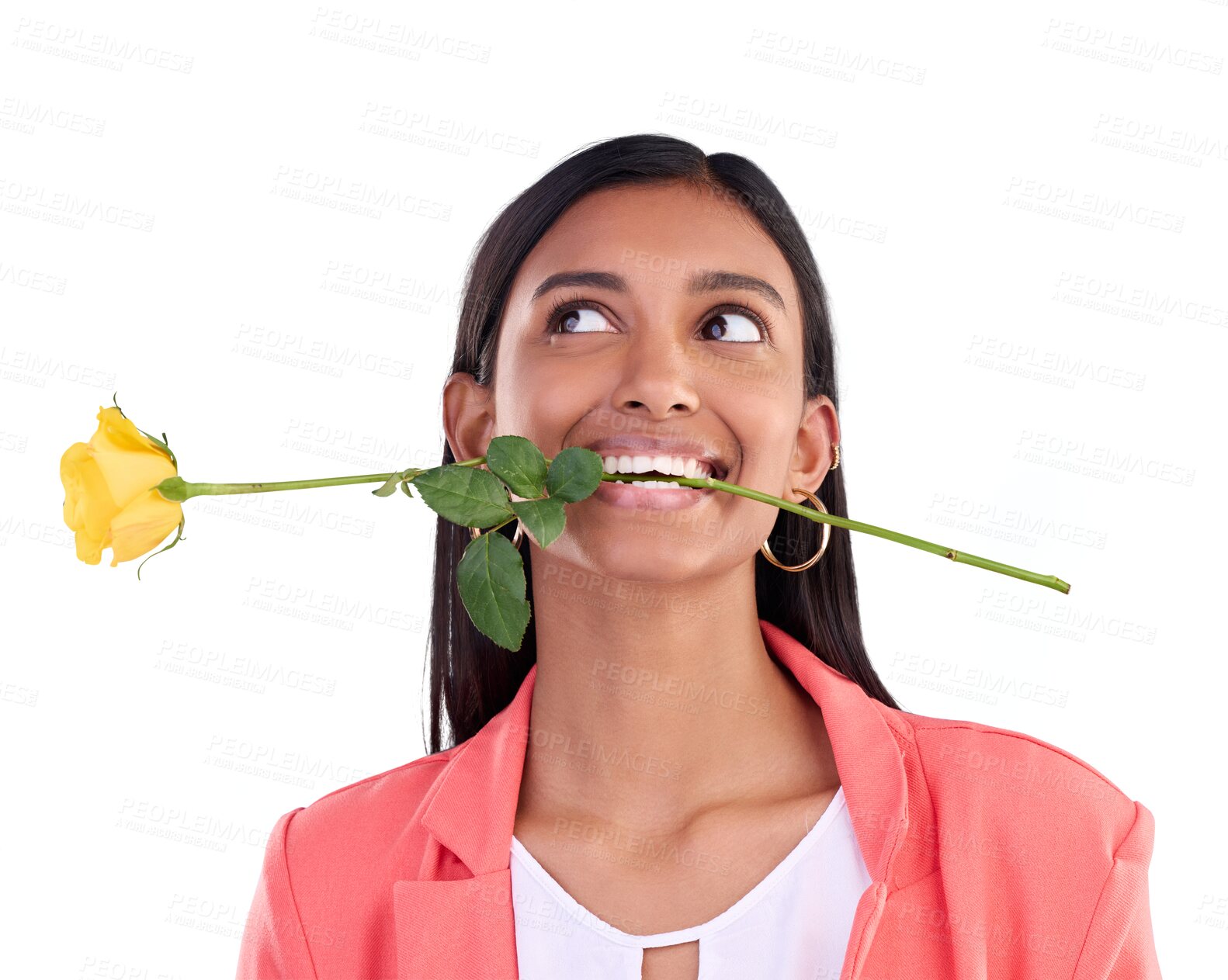 Buy stock photo Thinking, rose and valentines day with a woman, love and romance isolated on a transparent background. Person, girl and model with a flower, romantic and plant in her mouth with png, idea and fantasy