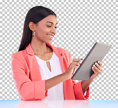 Happy woman, tablet and smile for research, browsing or social media and communication against a blue studio background. Female employee working on touchscreen for business data or search on mockup