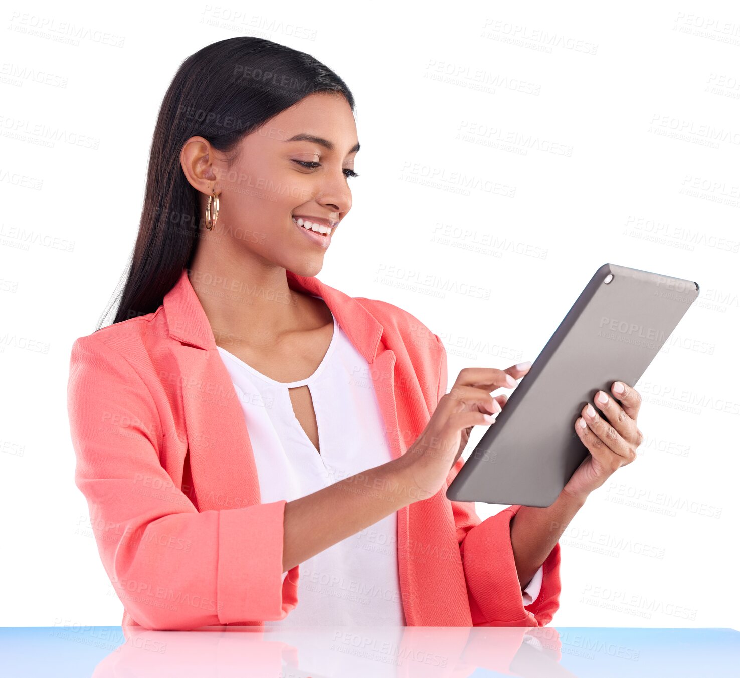 Buy stock photo Business woman, tablet and smile for marketing research, social media management and typing online. Young employee working on digital tech for website data isolated on a transparent, png background