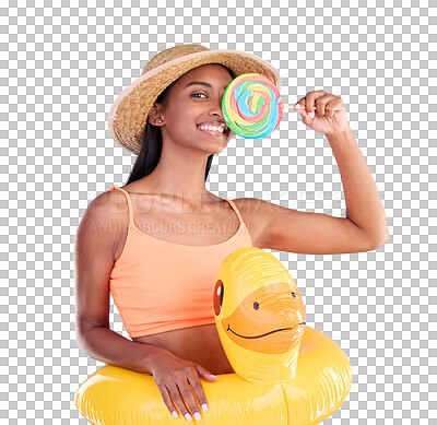 Pool float, happy woman and portrait in a studio with lollipop sweet and swimsuit with a smile. Isolated, blue background and holiday outfit of a young female with happiness and candy feeling fun