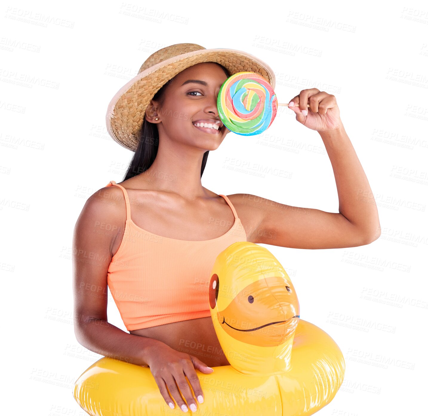 Buy stock photo Pool float, happy and portrait of woman with lollipop for sweet dessert and bikini for swimming. Smile, candy and Indian female model with swimsuit for vacation isolated by transparent png background