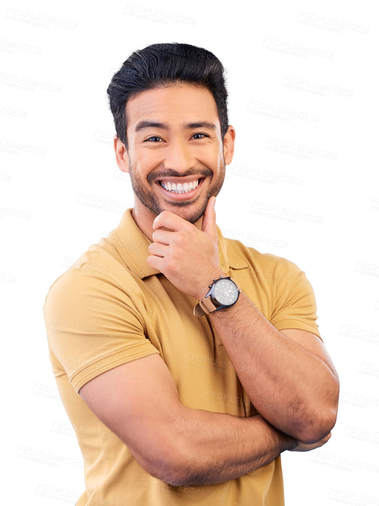 Buy stock photo Happy asian man, portrait and standing in confidence isolated on a transparent PNG background. Attractive, friendly or handsome male person smile and hand on chin in casual fashion, clothing or style