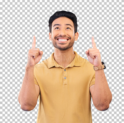 Buy stock photo Man, smile and hands pointing up to space, presentation and commercial promotion. Happy person advertising, marketing choice and gesture for offer or decision isolated on a transparent png background