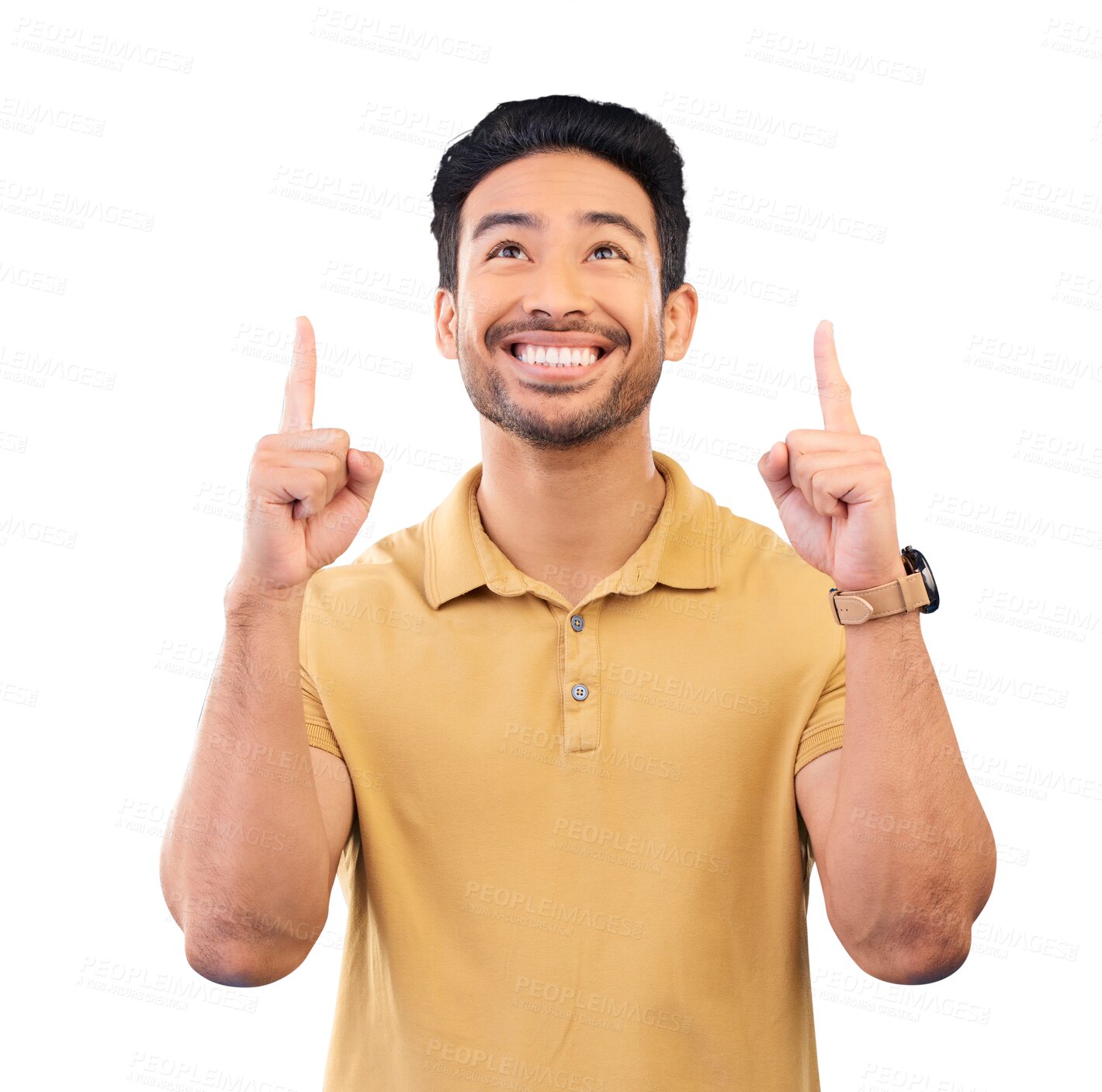 Buy stock photo Man, smile and hands pointing up to space, presentation and commercial promotion. Happy person advertising, marketing choice and gesture for offer or decision isolated on a transparent png background