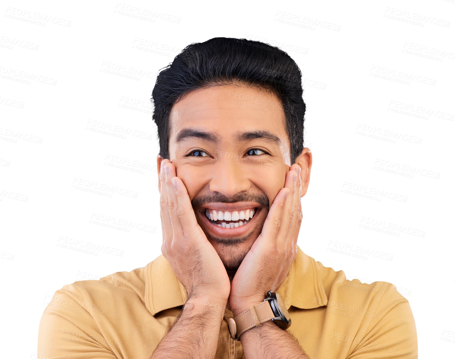 Buy stock photo Man, thinking and hands on face, surprise and happy on hearing good news, discount and sale from announcement. Asian model, casual and confident for promotion, isolated on transparent png background