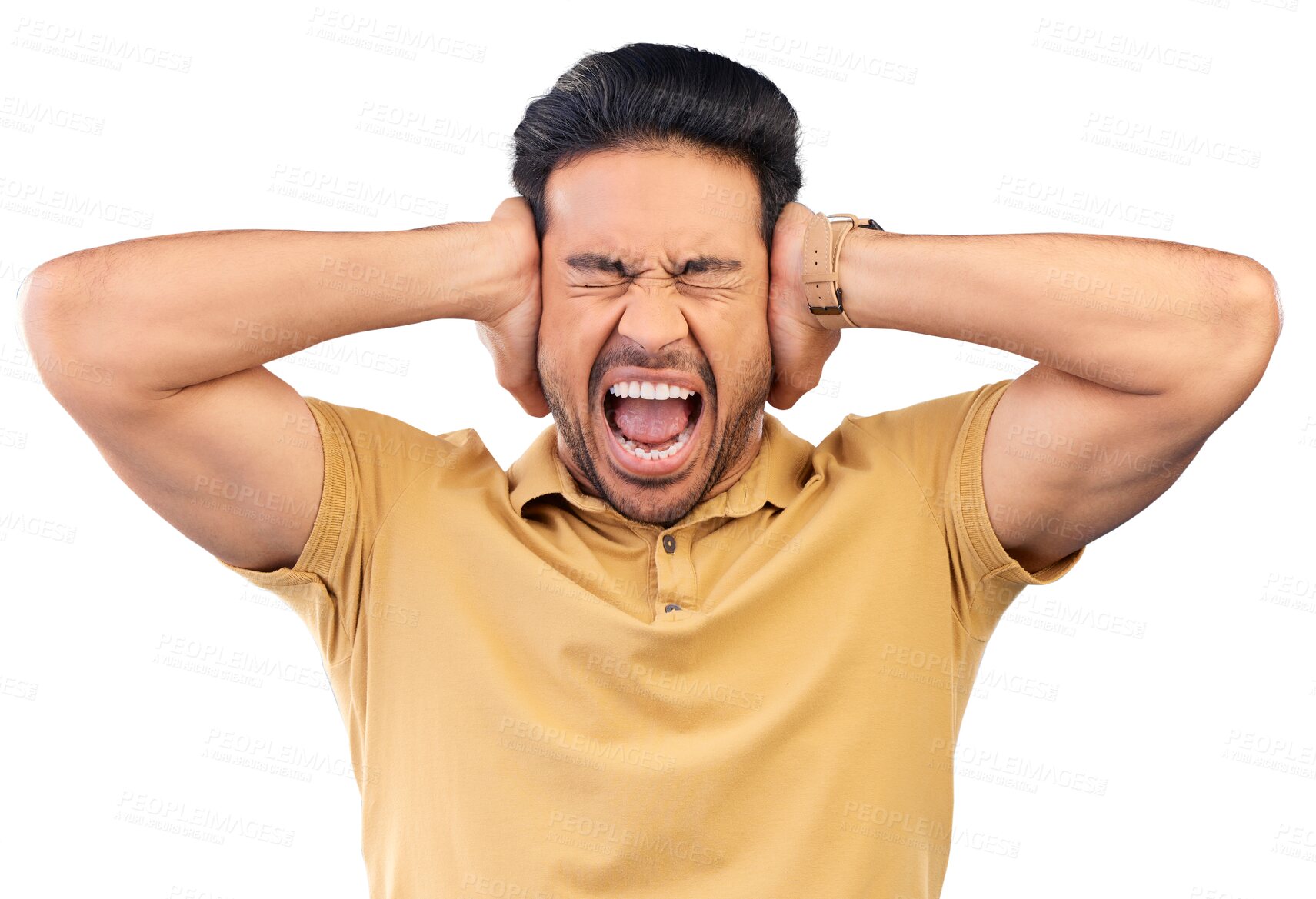 Buy stock photo Angry man covering his ears for screaming with upset or mad face expression in argument. Crazy, shout and male model with an open mouth for loud voice gesture isolated by transparent png background.