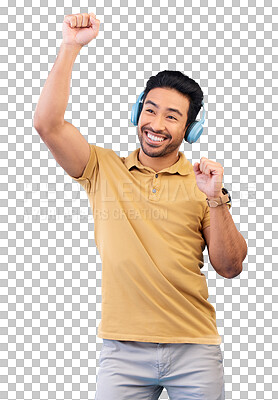 Buy stock photo Headphones, music and asian man dance with smile isolated on png transparent background in studio with streaming. Happiness, person and song or podcast for entertainment with audio or media fun