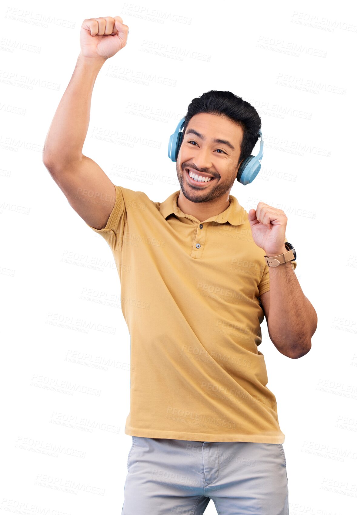 Buy stock photo Headphones, music and asian man dance with smile isolated on png transparent background in studio with streaming. Happiness, person and song or podcast for entertainment with audio or media fun