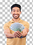 Money, portrait and man or winner with bonus offer, financial su