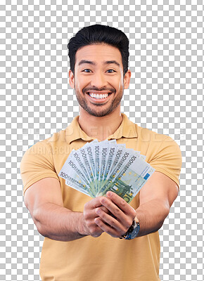 Buy stock photo Happy asian man, portrait and money fan in lottery, winning or savings isolated on a transparent PNG background. Male person with cash flow, paper or bills in financial freedom, profit or investment