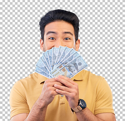 Buy stock photo Asian man, portrait and money in winning, lottery or finance isolated on a transparent PNG background. Male person with cash fan, secret or surprise bills in financial freedom, profit or investment