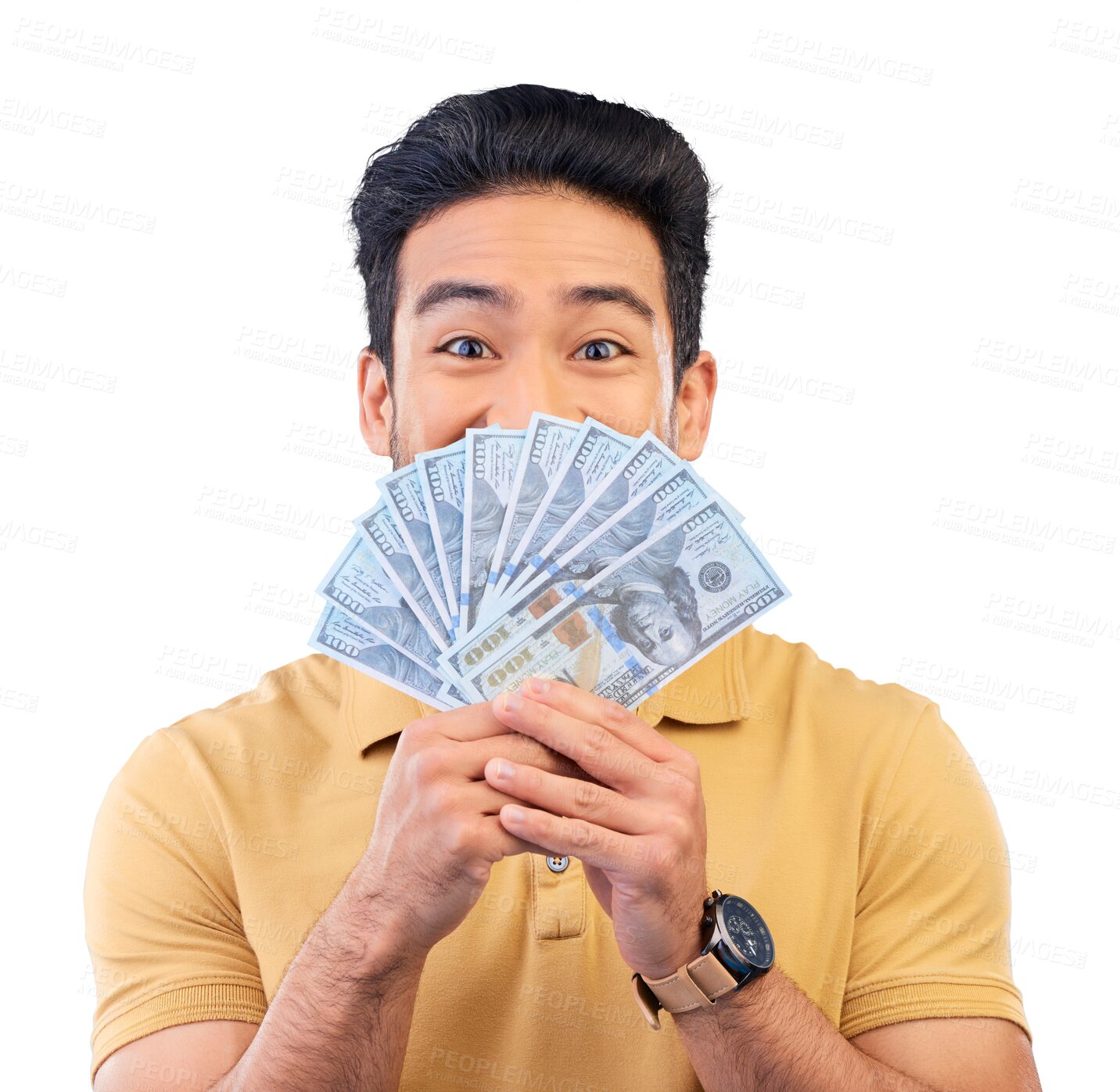 Buy stock photo Asian man, portrait and money in winning, lottery or finance isolated on a transparent PNG background. Male person with cash fan, secret or surprise bills in financial freedom, profit or investment