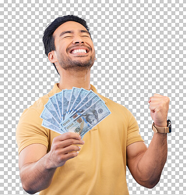 Buy stock photo Happy asian man, money and fist pump in winning, celebration isolated on a transparent PNG background. Excited male person with cash flow, paper or bills in financial freedom, lottery or investment