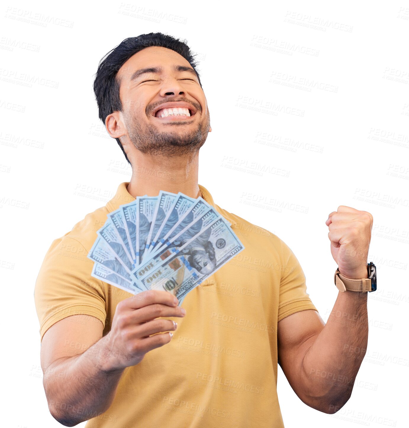 Buy stock photo Happy asian man, money and fist pump in winning, celebration isolated on a transparent PNG background. Excited male person with cash flow, paper or bills in financial freedom, lottery or investment