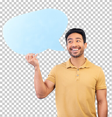 Buy stock photo Man, speech bubble and smile for social media, opinion and faq comment isolated, transparent or png background. Poster, sign and Indian student show quote, mockup space and communication or feedback