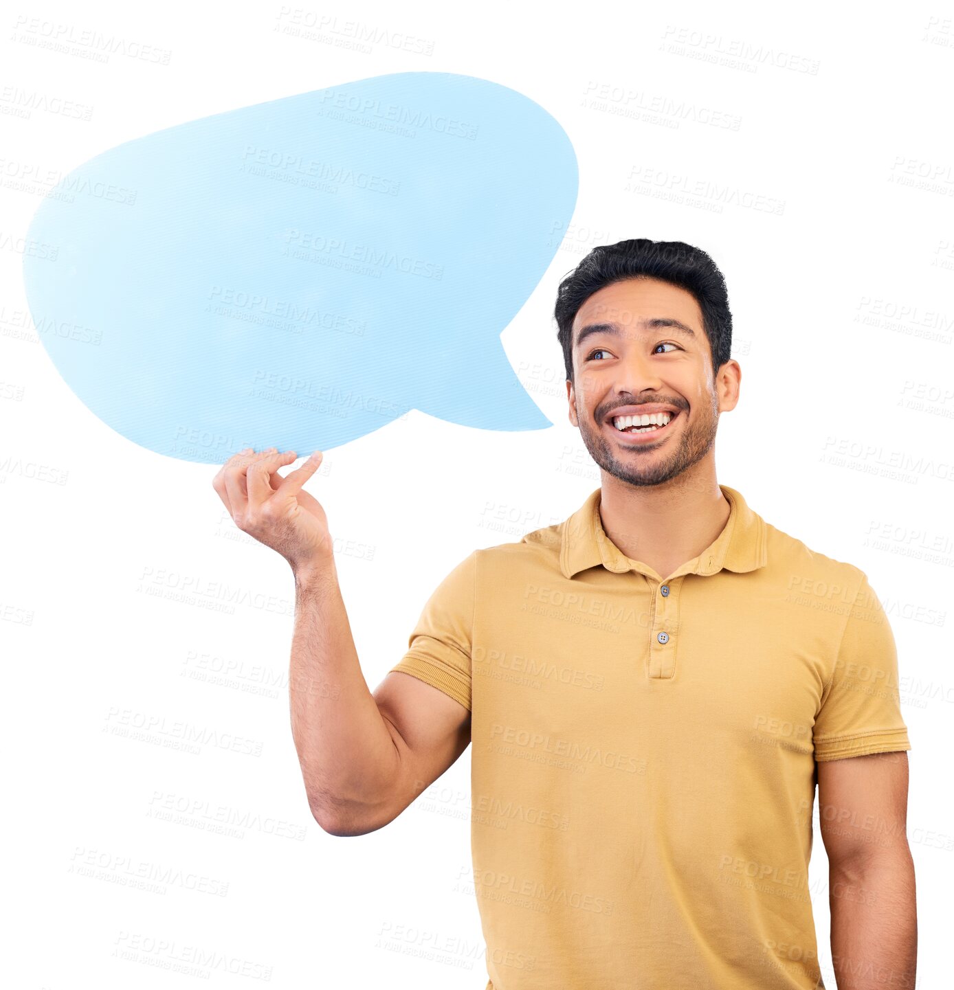 Buy stock photo Man, speech bubble and smile for social media, opinion and faq comment isolated, transparent or png background. Poster, sign and Indian student show quote, mockup space and communication or feedback