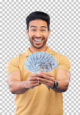 Buy stock photo Happy asian man, money fan and winning in celebration isolated on a transparent PNG background. Portrait of excited male person with cash, paper or bills in financial freedom, lottery or investment