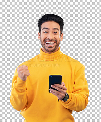 Buy stock photo Winner, excited and portrait of man with phone for celebration of achievement, competition and prize. Success, mobile and face of Mexican person isolated on a transparent png background for promotion