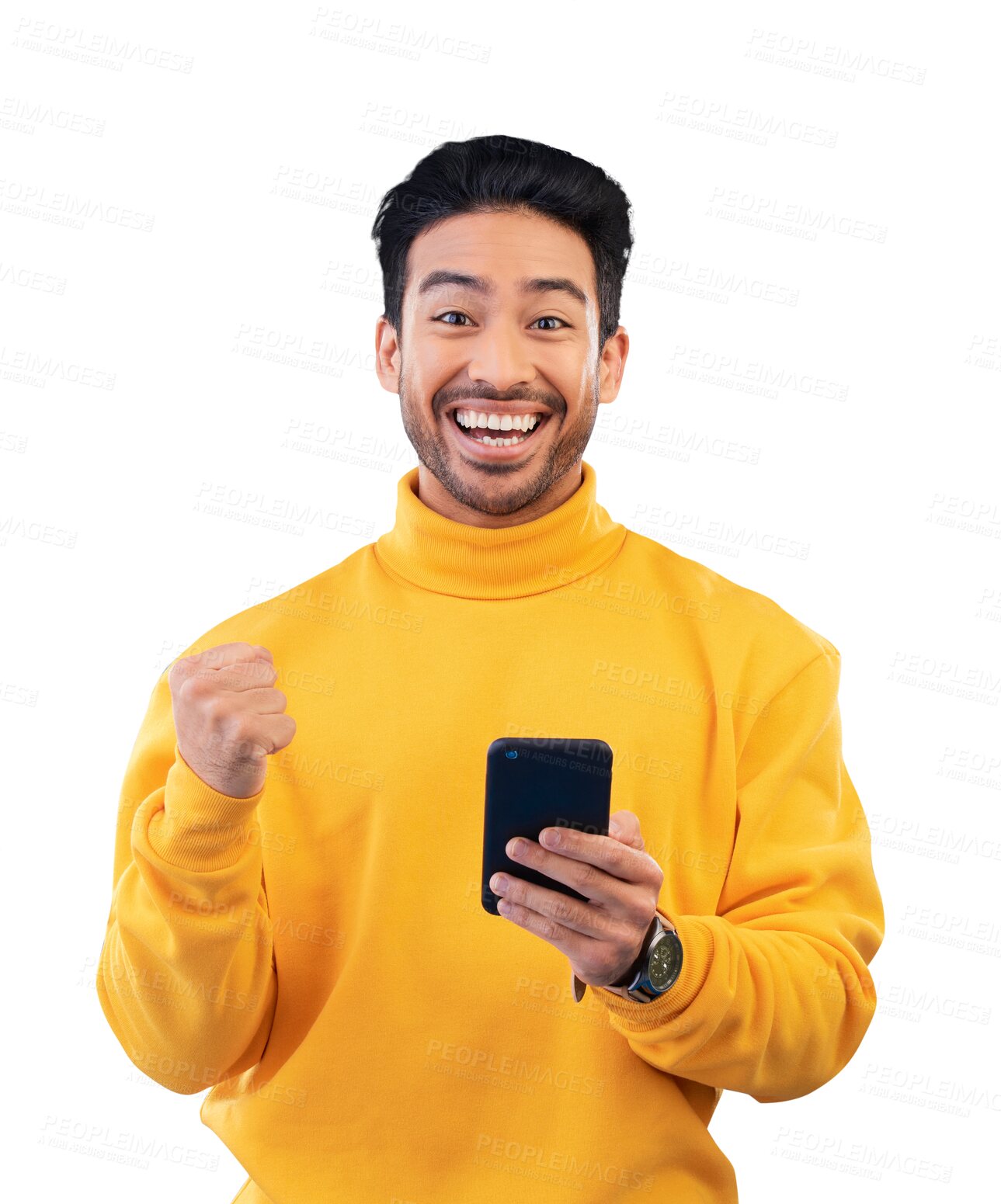 Buy stock photo Winner, excited and portrait of man with phone for celebration of achievement, competition and prize. Success, mobile and face of Mexican person isolated on a transparent png background for promotion