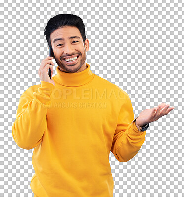 Buy stock photo Happy man, phone call and questions, communication or feedback for career and internship opportunity. Portrait of worker on mobile for job news and information isolated on transparent png background