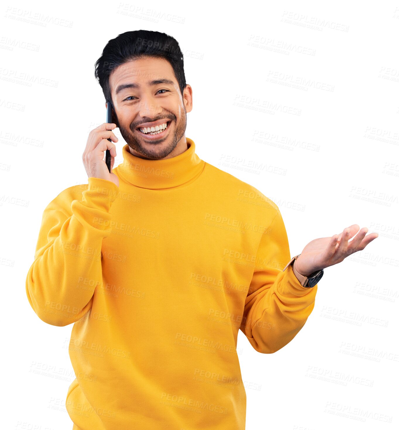 Buy stock photo Happy man, phone call and questions, communication or feedback for career and internship opportunity. Portrait of worker on mobile for job news and information isolated on transparent png background