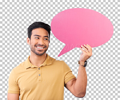 Buy stock photo Man, speech bubble and smile for social media, chat or opinion comment on isolated, transparent or png background. Poster, sign and Indian person thinking of feedback, mockup space and quote or faq