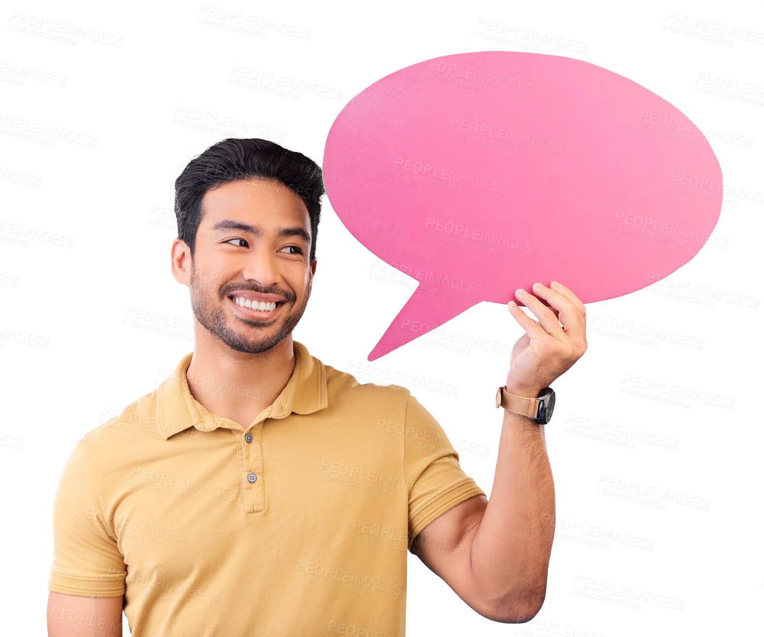 Buy stock photo Man, speech bubble and smile for social media, chat or opinion comment on isolated, transparent or png background. Poster, sign and Indian person thinking of feedback, mockup space and quote or faq