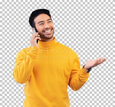 Buy stock photo Man, phone call and thinking of happy communication, questions and feedback for career or opportunity. Asian person on smartphone for chat, job news and hand isolated on transparent png background