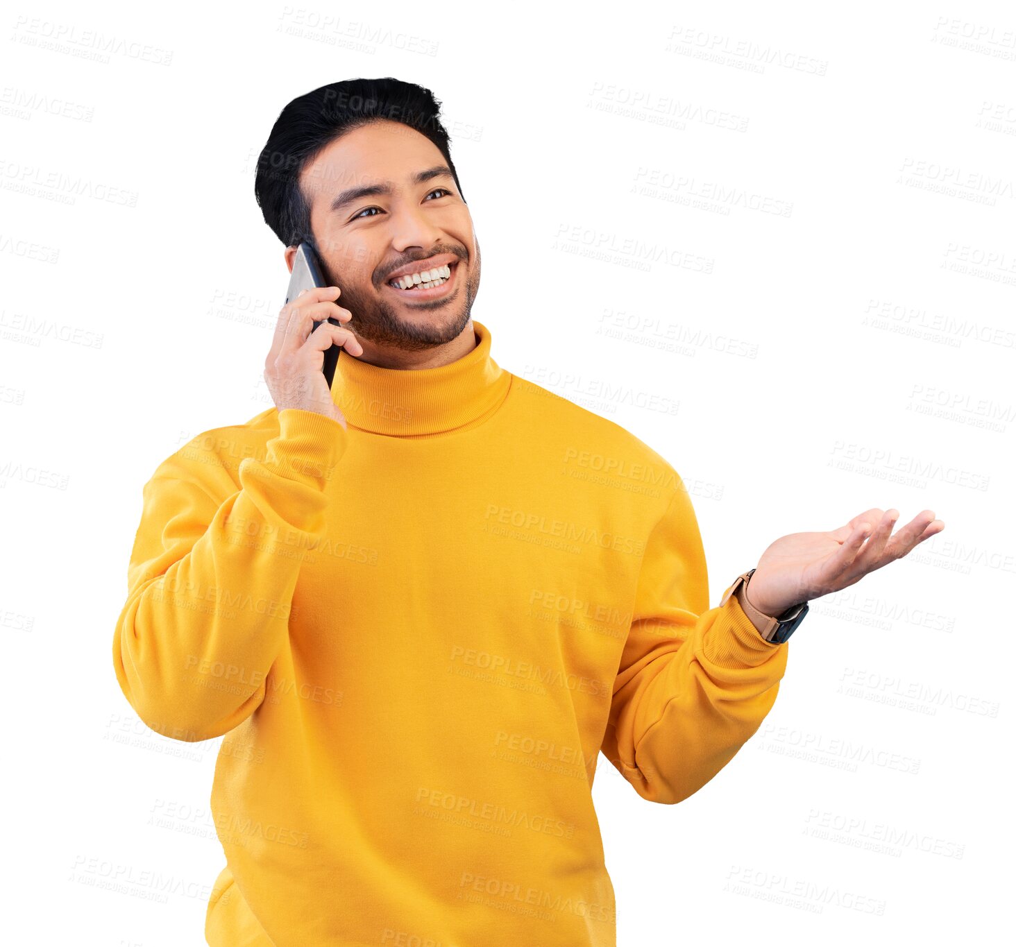 Buy stock photo Man, phone call and thinking of happy communication, questions and feedback for career or opportunity. Asian person on smartphone for chat, job news and hand isolated on transparent png background