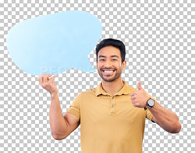 Buy stock photo Man, speech bubble and thumbs up for social media, opinion and comment on isolated, transparent or png background. Poster, sign and Indian student show a quote, mockup space and portrait for feedback