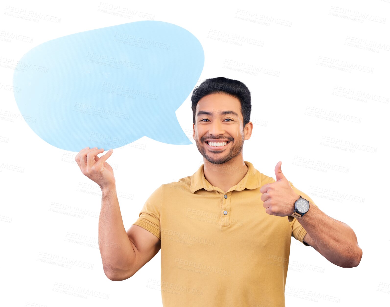 Buy stock photo Man, speech bubble and thumbs up for social media, opinion and comment on isolated, transparent or png background. Poster, sign and Indian student show a quote, mockup space and portrait for feedback