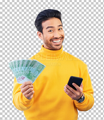 Buy stock photo Money winner, portrait and man on smartphone for bonus achievement, lottery prize or investment. Cash fan, phone and happy face of person with financial success isolated on transparent png background