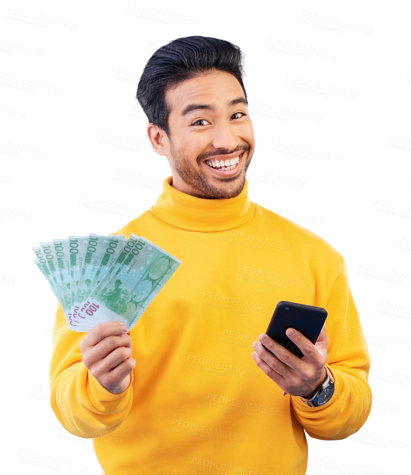 Buy stock photo Money winner, portrait and man on smartphone for bonus achievement, lottery prize or investment. Cash fan, phone and happy face of person with financial success isolated on transparent png background