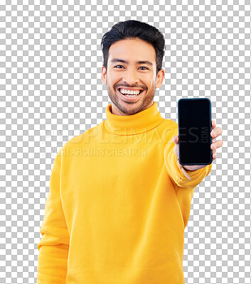 Buy stock photo Smartphone screen, man with advertising mockup and portrait, mobile app and ads isolated on png transparent background. Social media, UX design and information on website with brand marketing 