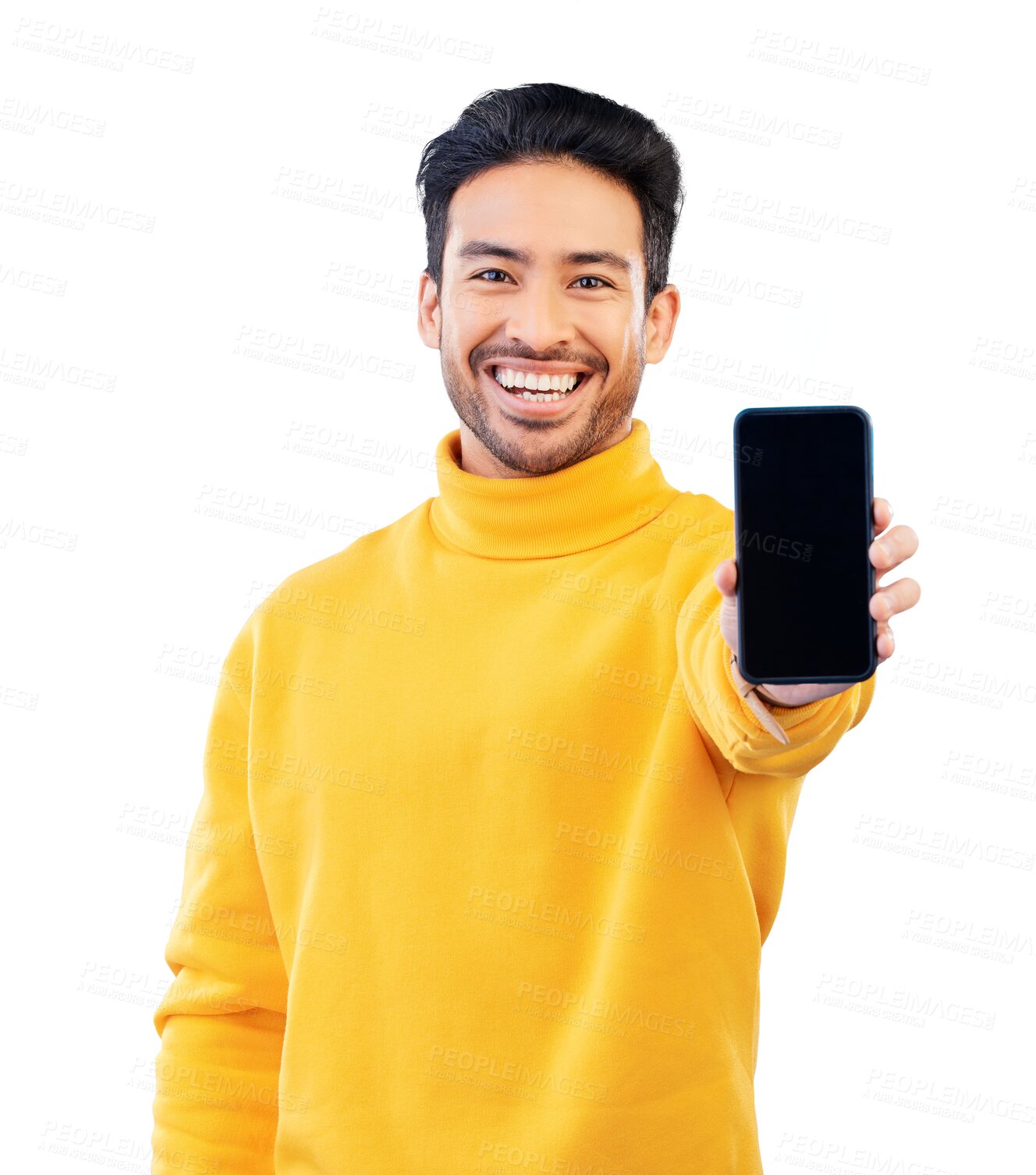 Buy stock photo Smartphone screen, man with advertising mockup and portrait, mobile app and ads isolated on png transparent background. Social media, UX design and information on website with brand marketing 