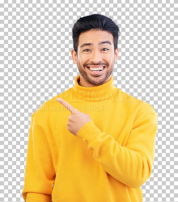 Buy stock photo Pointing, happy and portrait of young man by mockup space for marketing, promotion or advertising gesture. Smile, excited and Indian model with show finger sign isolated by transparent png background