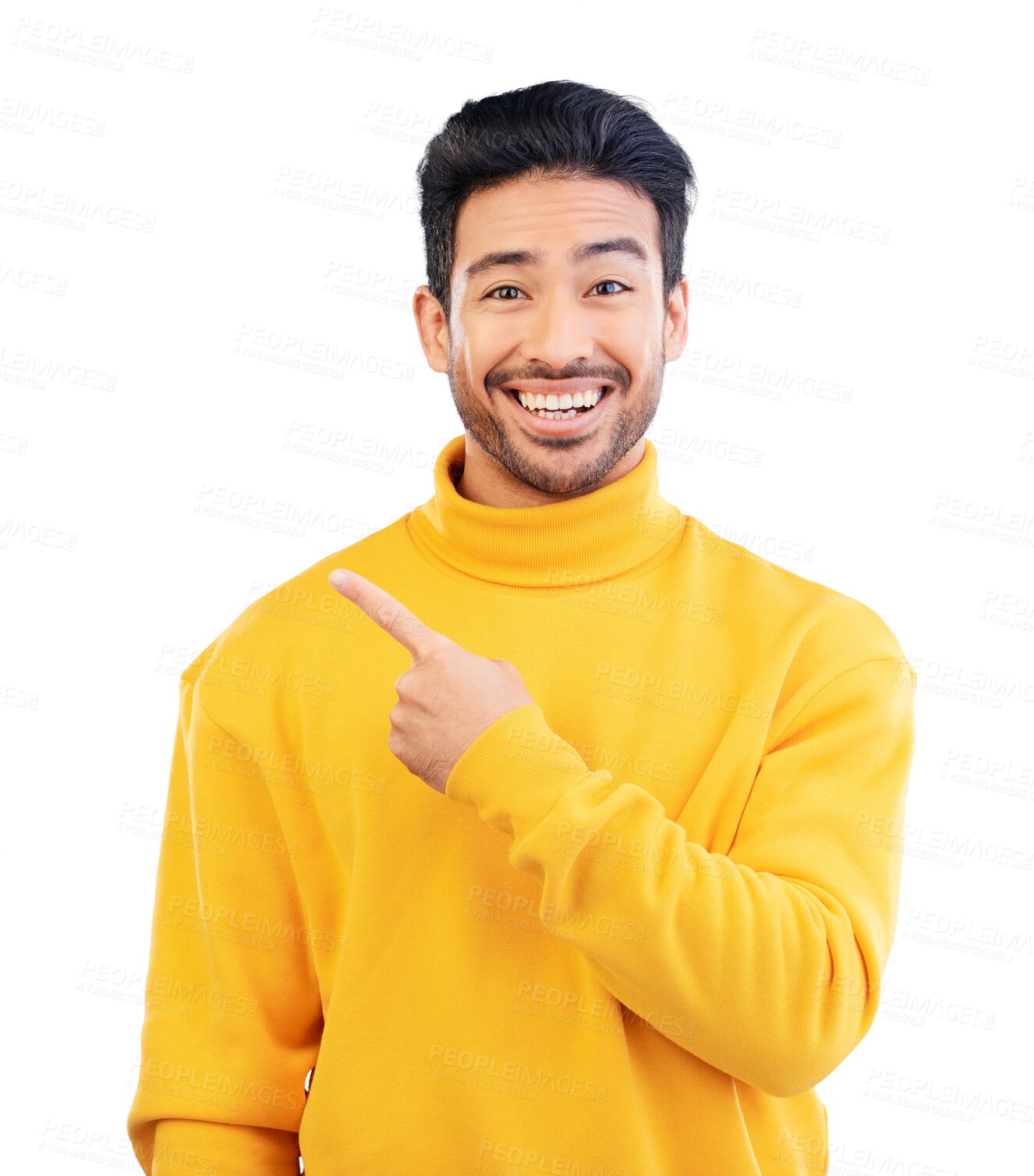 Buy stock photo Pointing, happy and portrait of young man by mockup space for marketing, promotion or advertising gesture. Smile, excited and Indian model with show finger sign isolated by transparent png background