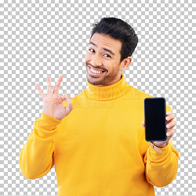 Buy stock photo Phone screen, perfect or portrait of happy man isolated for deal, sale or sign up success on PNG background. Okay, hand sign or Asian person with mobile app display, good news or app review support