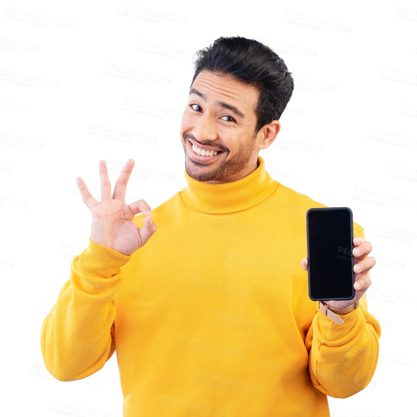 Buy stock photo Phone screen, perfect or portrait of happy man isolated for deal, sale or sign up success on PNG background. Okay, hand sign or Asian person with mobile app display, good news or app review support