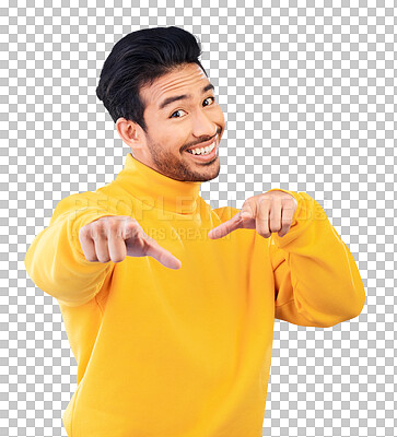 Buy stock photo Hands, pointing and portrait of man with smile for you in recruitment, choice or decision on isolated, transparent or png background. Finger, gesture or hiring student or support for opportunity