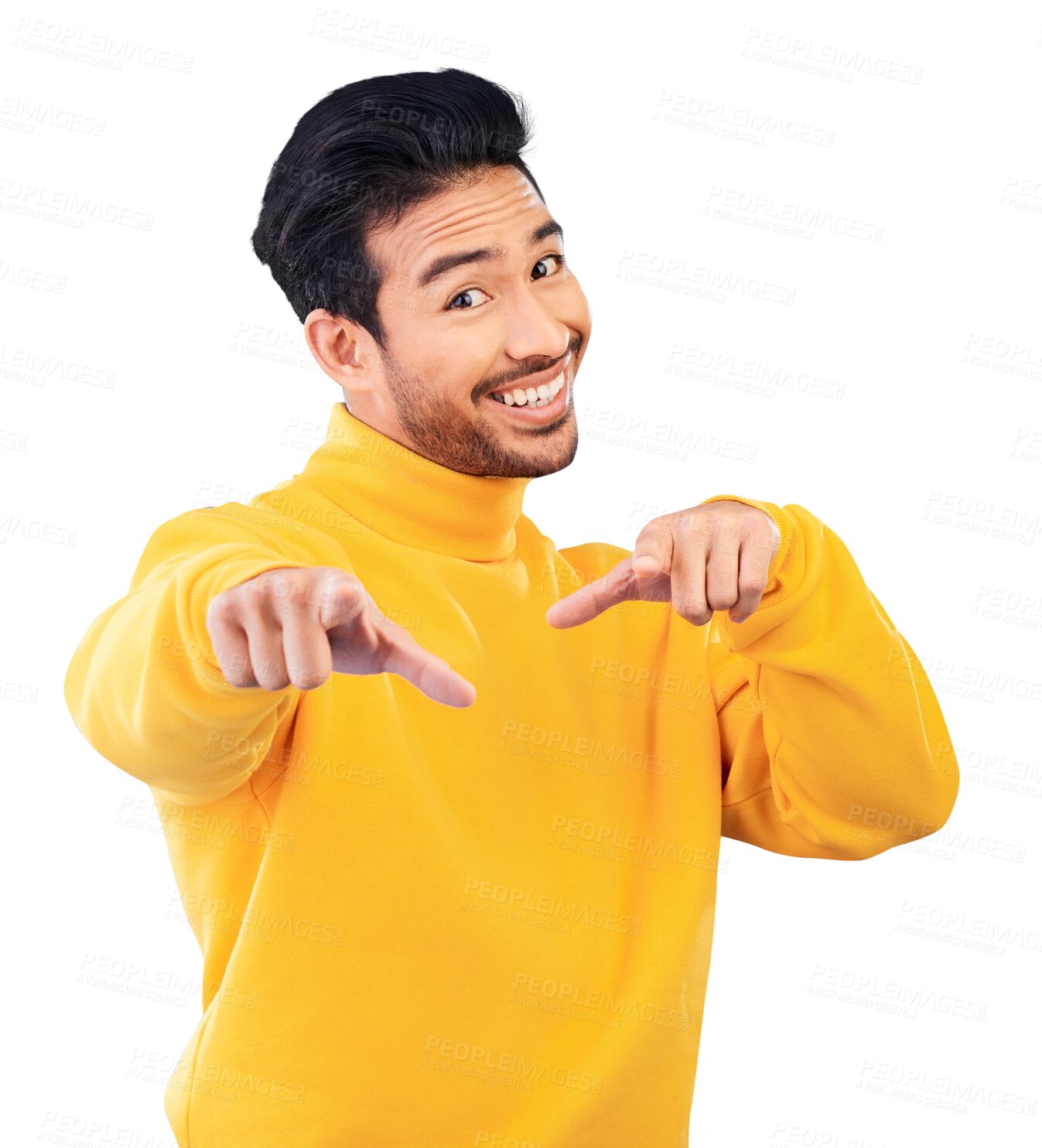 Buy stock photo Hands, pointing and portrait of man with smile for you in recruitment, choice or decision on isolated, transparent or png background. Finger, gesture or hiring student or support for opportunity