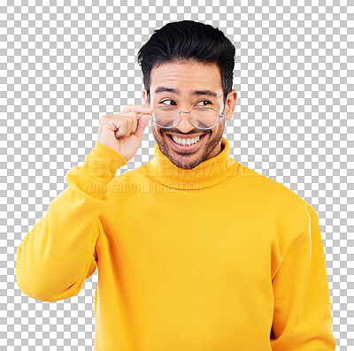 Buy stock photo Thinking, glasses or happy Asian man with ideas, solution or fashion isolated on transparent PNG background. Funny person, option or cool model with eyewear, smile or choice for problem solving 