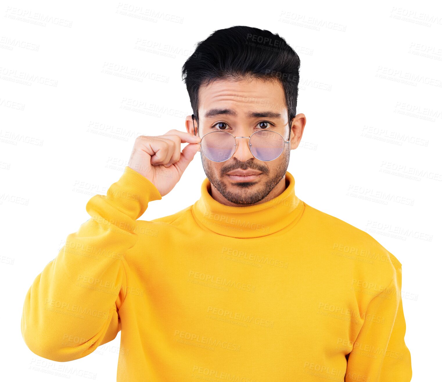 Buy stock photo Serious, fashion and portrait of a man with glasses, confidence and aesthetic. Style, trendy and face of Asian model person with fashionable eyewear for vision isolated on png transparent background