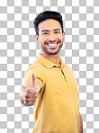 Thumbs up, success portrait and man on blue background for thank