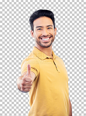 Buy stock photo Happy asian man, portrait and thumbs up for winning or success isolated on a transparent PNG background. Male person smile with like emoji, yes sign or OK for agreement, good job or positive mindset