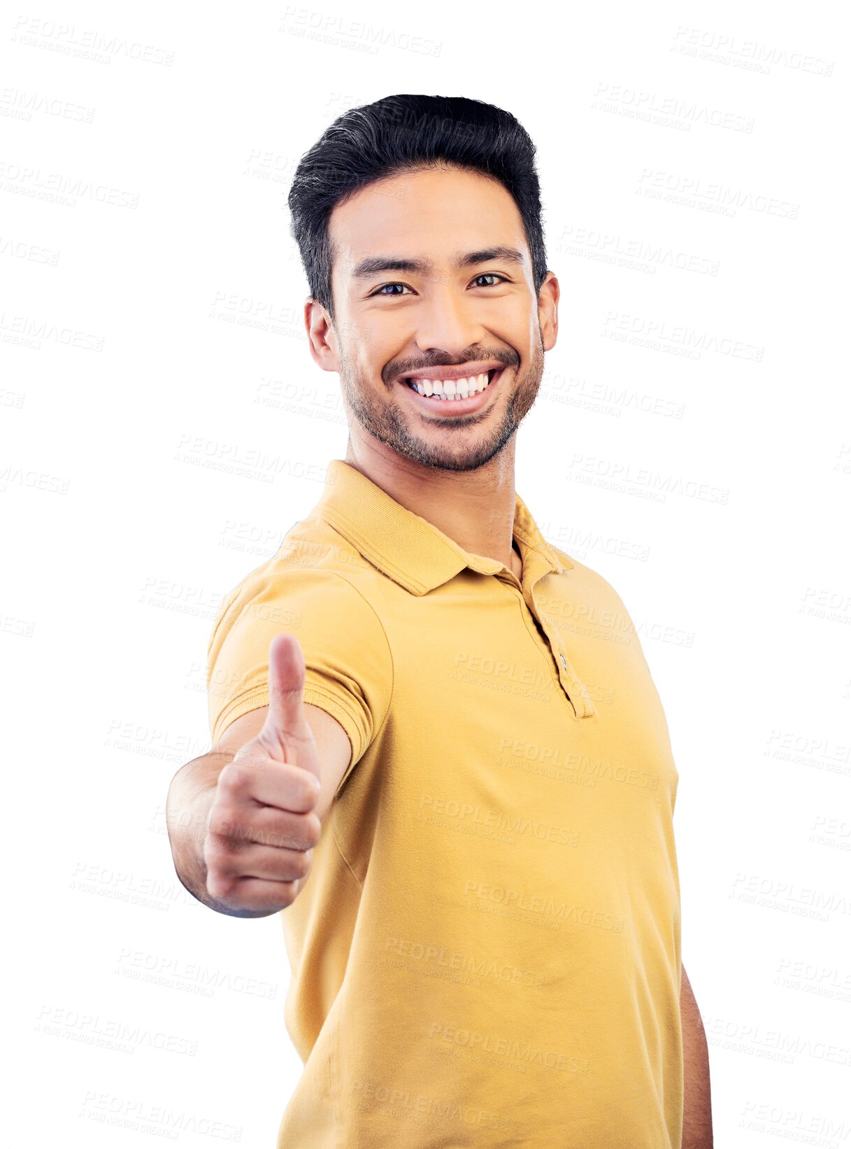 Buy stock photo Happy asian man, portrait and thumbs up for winning or success isolated on a transparent PNG background. Male person smile with like emoji, yes sign or OK for agreement, good job or positive mindset