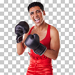 Boxing, gloves and portrait of a gay man excited for a fight isolated on a red background in studio. Fitness, happy and lgbt person ready for a fighting competition, game and sport on a backdrop